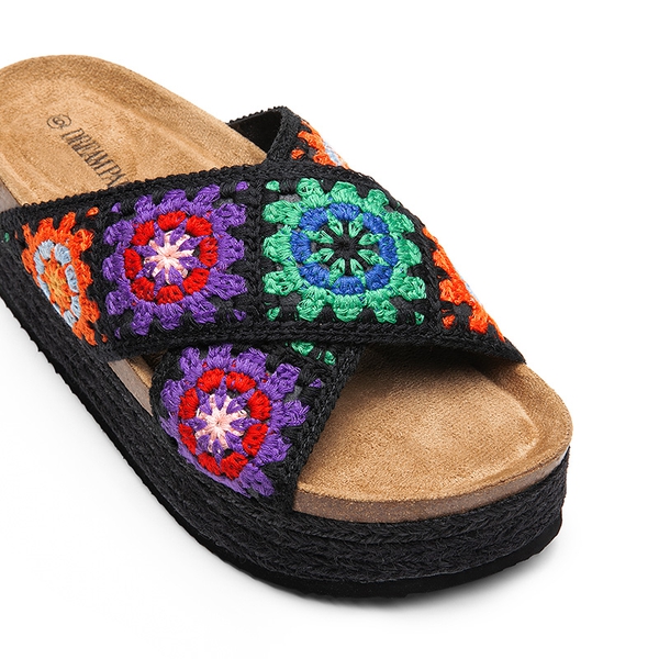Raffia Flatform Flat Sandals - BLACK MULTI - 6